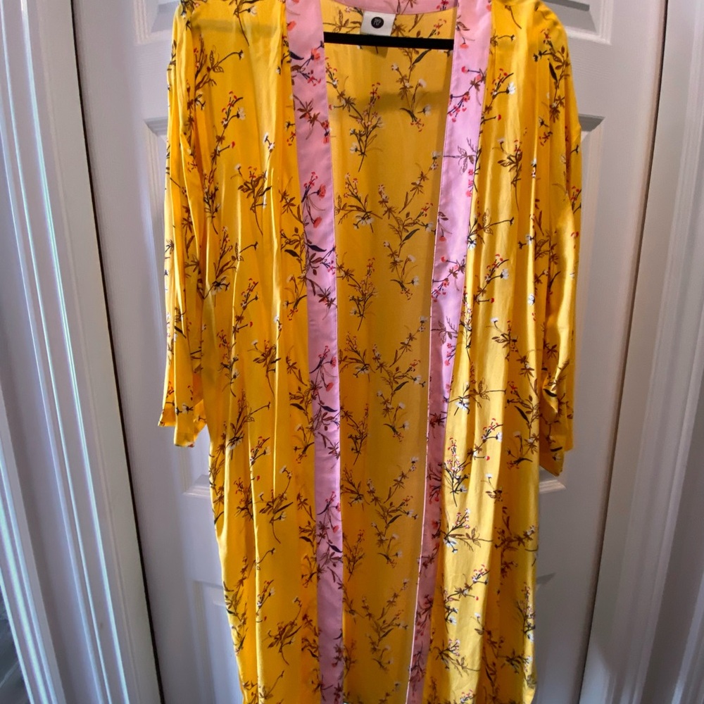 Sunny Yellow Kimono with Pink Trim and Botanical Print
